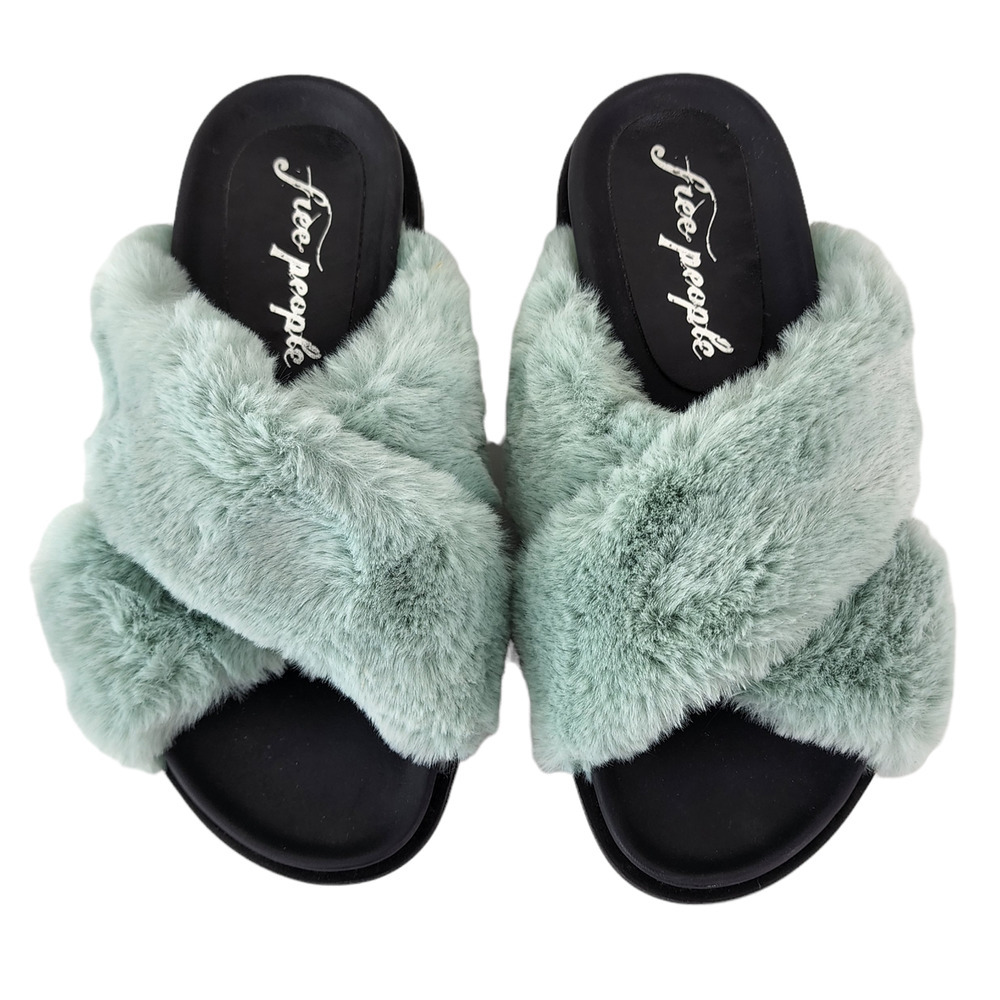 Free People Mint Faux Fur Crisscross Open Toe Rubber Slide Slip On Sandals Sz 7